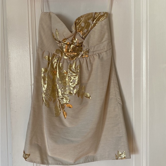 Flirty Tibi strapless dress in nude canvas with gold thread - Picture 2 of 6